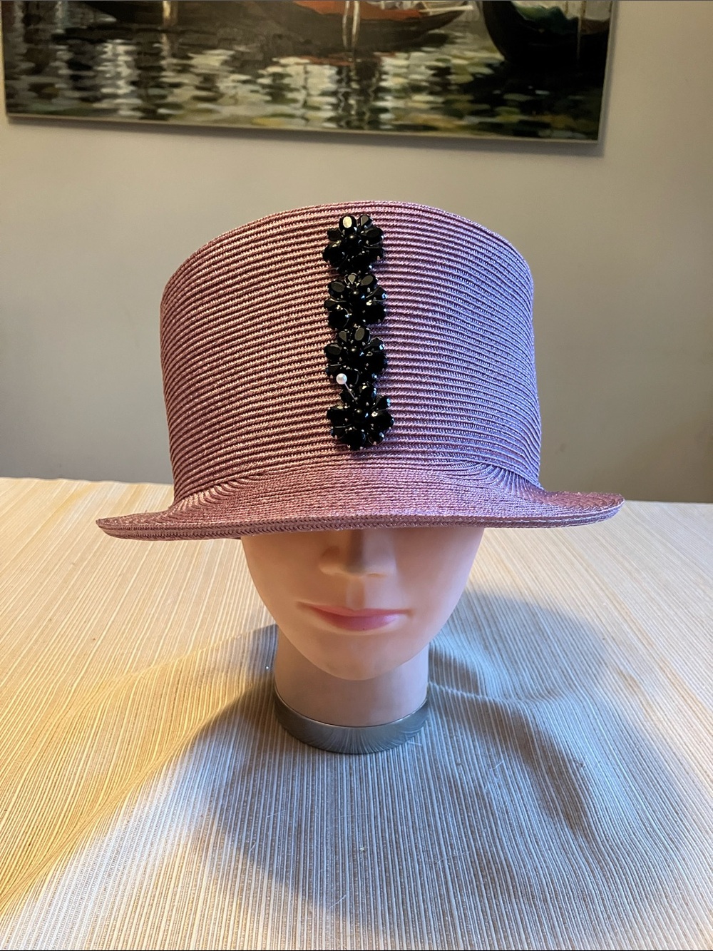 Chic Metallic Pink Straw Top Hat with Black Floral Jewel Appliqués
